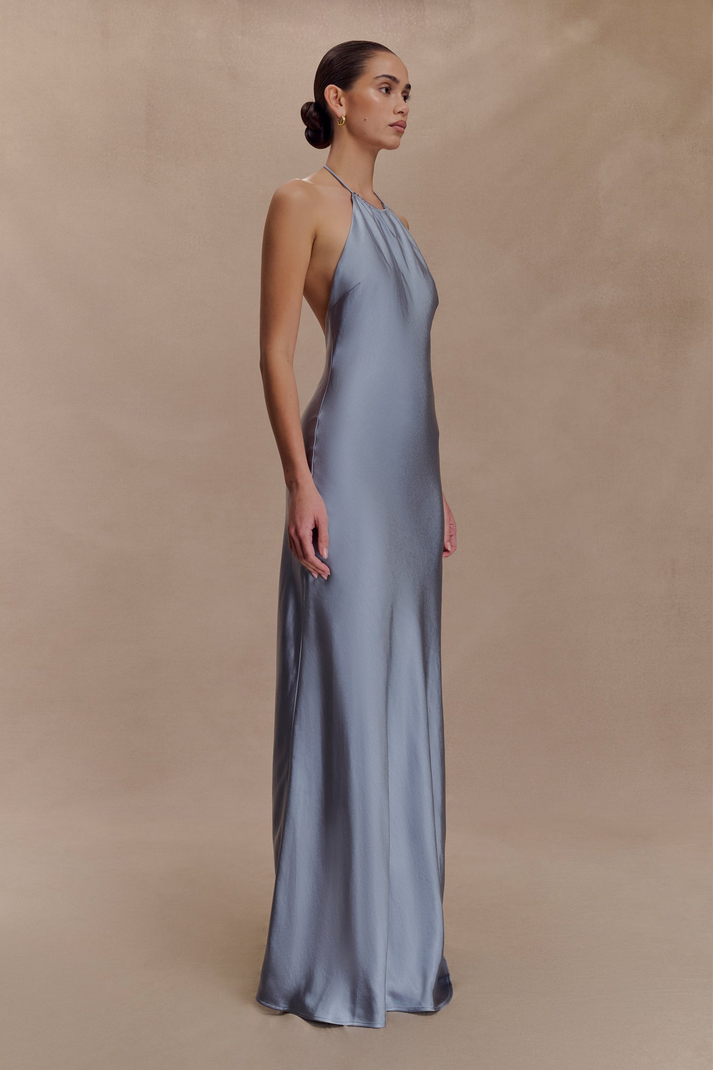 Bella Robe Maxi Satin Halter - Bleu Glacé