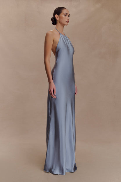 Bella Robe Maxi Satin Halter - Bleu Glacé