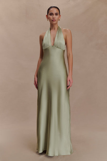Alice Robe Maxi en Satin avec Décolleté Halter - SAGE