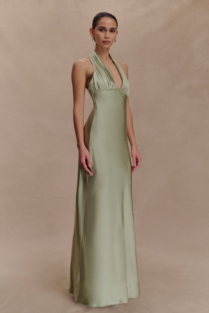 Alice Robe Maxi en Satin avec Décolleté Halter - SAGE