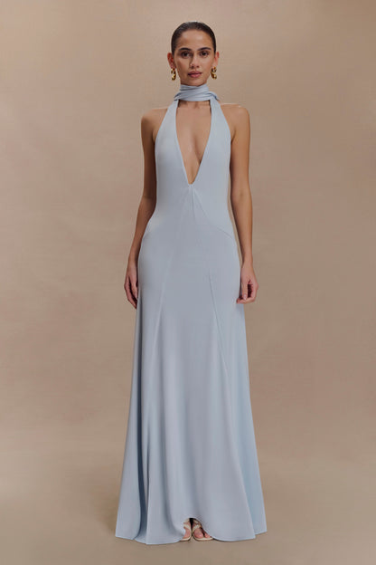 Juliette Robe Maxi Étroite avec Écharpe - Bleu Clair