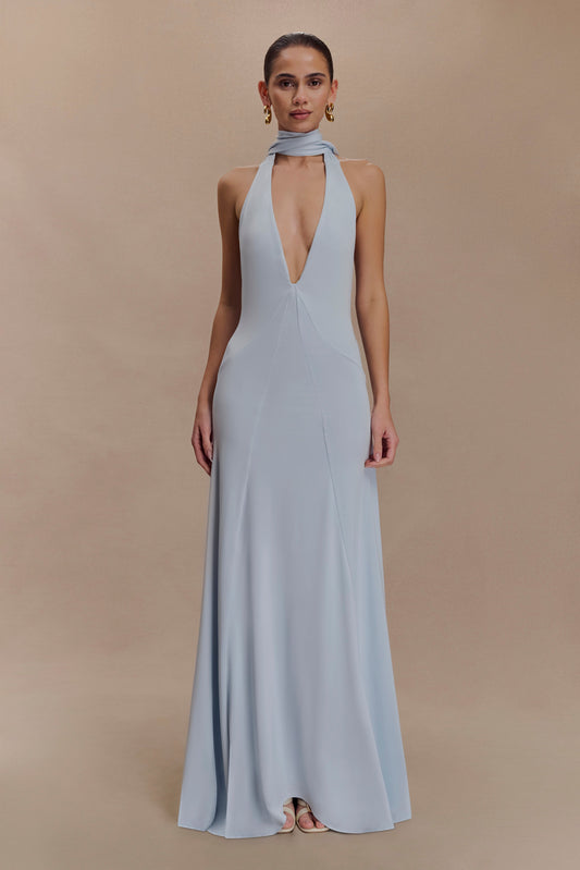 Juliette Robe Maxi Étroite avec Écharpe - Bleu Clair
