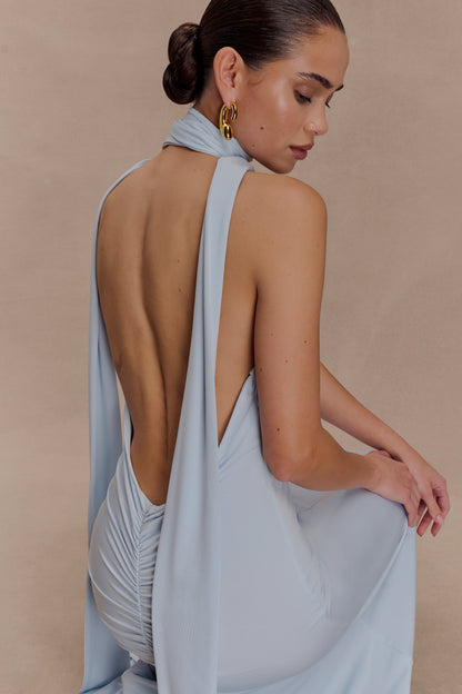 Juliette Robe Maxi Étroite avec Écharpe - Bleu Clair