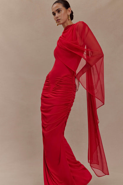 Amandine Robe Maxi Étroite à Plis - Rubis