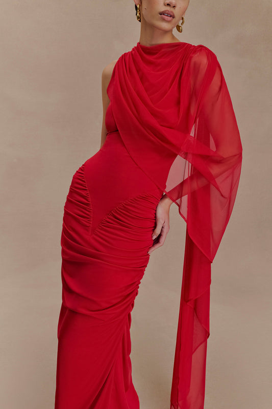 Amandine Robe Maxi Étroite à Plis - Rubis