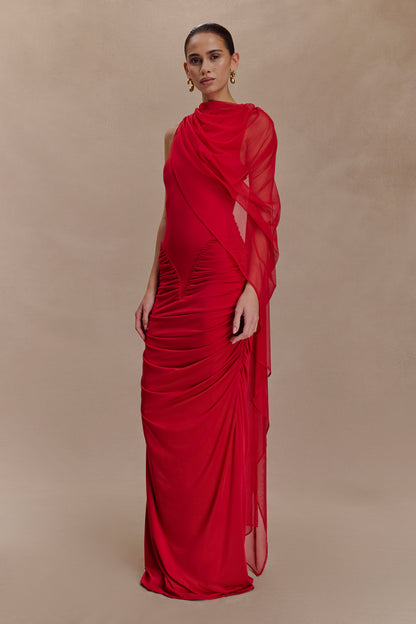 Amandine Robe Maxi Étroite à Plis - Rubis