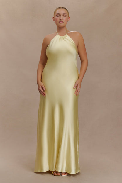 Robe longue satinée à col montant Bella - Citron