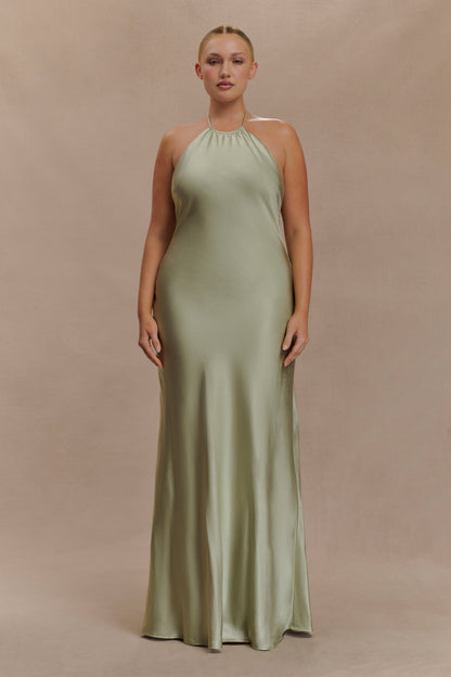 Robe Maxi Bella en Satin avec Décolleté en V - SAGE