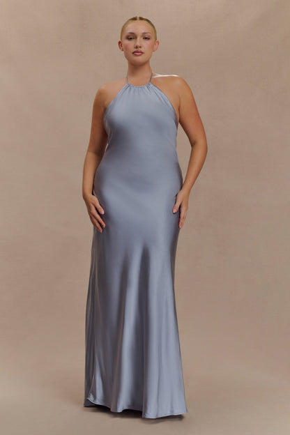 Bella Robe Maxi Satin Halter - Bleu Glacé