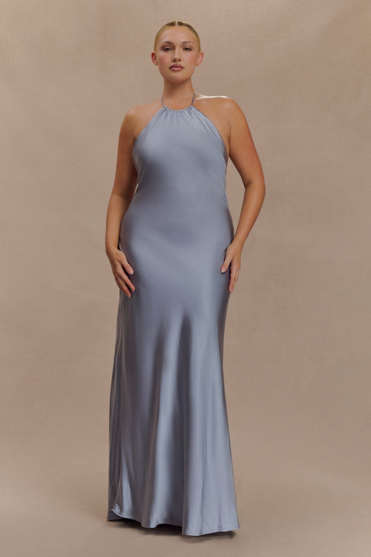 Bella Robe Maxi Satin Halter - Bleu Glacé