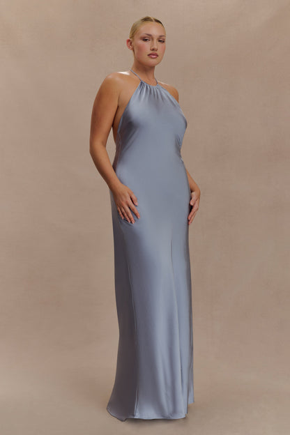 Bella Robe Maxi Satin Halter - Bleu Glacé