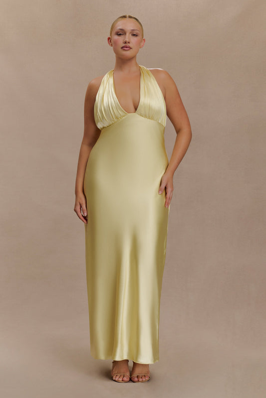 Alice Robe Maxi en Satin avec Décolleté Halter - Citron