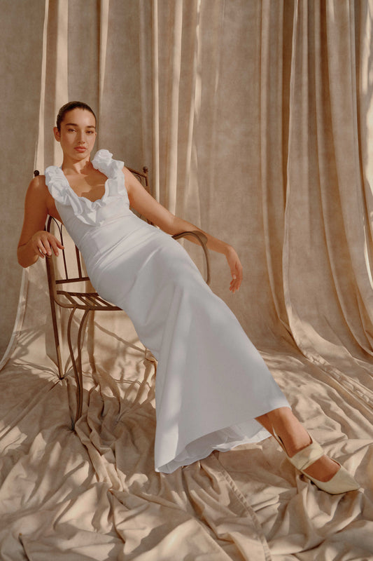 Robe Maxi Carolyn en Linon à Motifs - Blanc