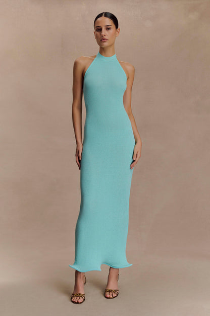 Robe Maxi Tricotée à Col Haut Melodie - Bleu Cyan