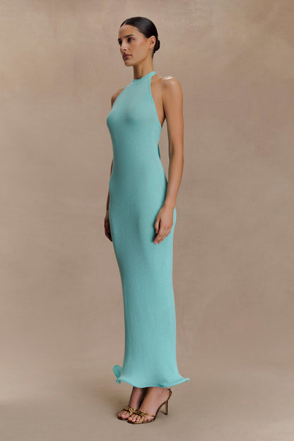 Robe Maxi Tricotée à Col Haut Melodie - Bleu Cyan