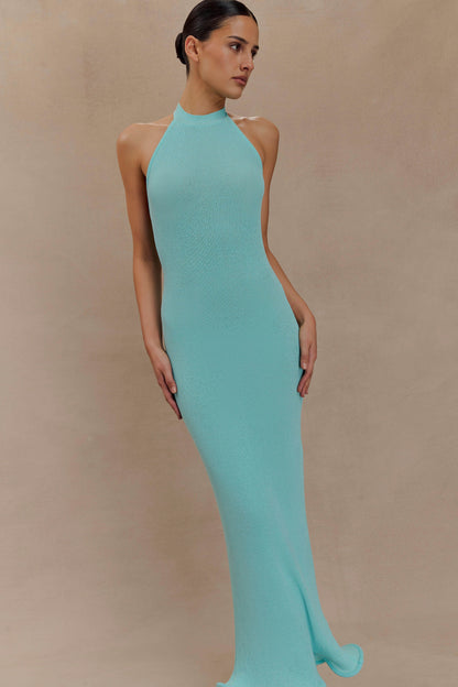 Robe Maxi Tricotée à Col Haut Melodie - Bleu Cyan
