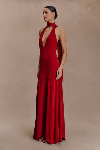 Juliette Robe Maxi Étroite avec Écharpe - Rubis