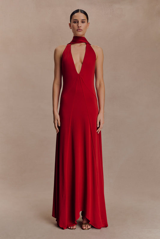 Juliette Robe Maxi Étroite avec Écharpe - Rubis