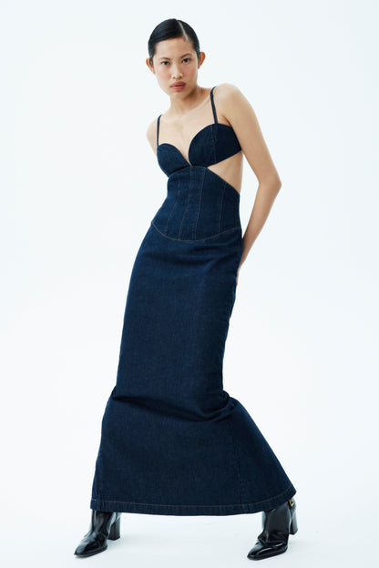 Amila Robe Maxi en Jean à Manches Bouffantes - Bleu Indigo