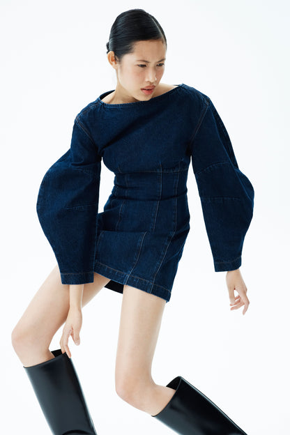 Cosmala Robe Mini en Jean à Manches Longues - Bleu Indigo