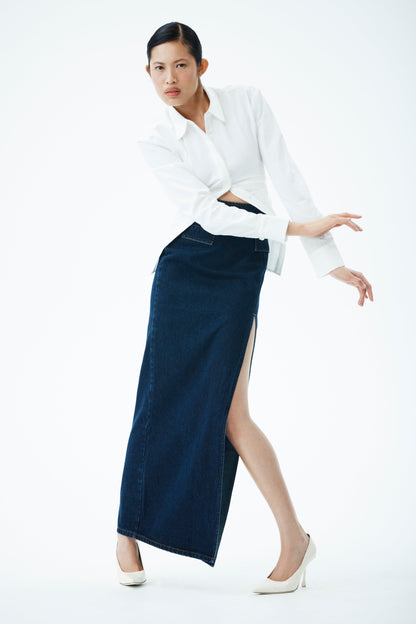 Jupe Maxi en Jean Maylena à Taille Haute - Bleu Indigo