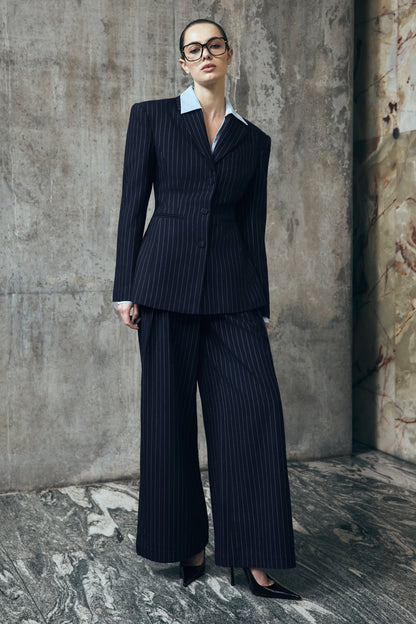 Pantalon large à plis Jacqueline - Rayures bleu marine