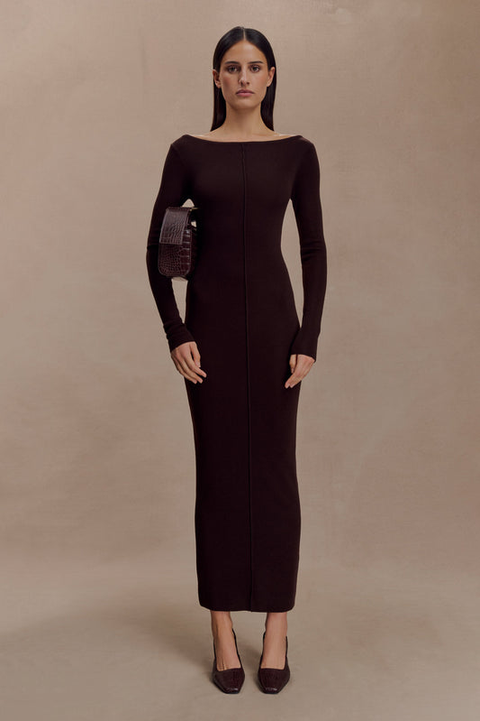 Robe Maxi à Manches Longues en Tricot de Laine Mérinos Cleona - Chocolat Intense