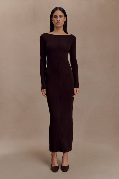 Robe Maxi à Manches Longues en Tricot de Laine Mérinos Cleona - Chocolat Intense