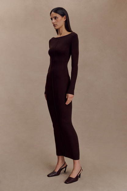 Robe Maxi à Manches Longues en Tricot de Laine Mérinos Cleona - Chocolat Intense