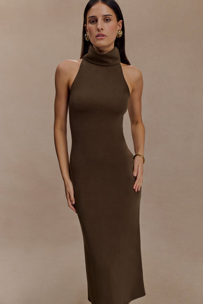 Robe midi à col montant Kennedy - Chocolat