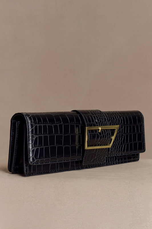 Jessica Clutch en simili cuir croco - Noir