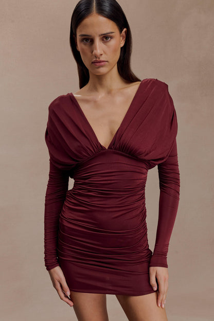 Robe mini à manches longues et décolleté plongeant Hayden - Bourgogne
