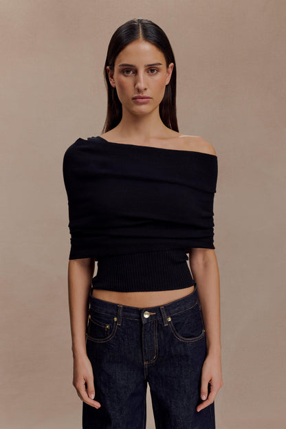 Top en tricot asymétrique en mélange de cachemire Sierra - Noir