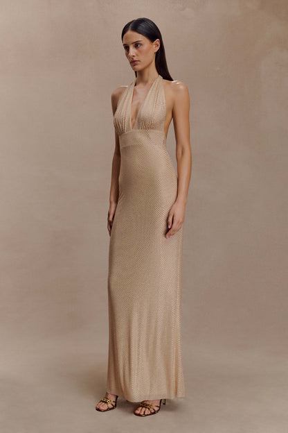 Robe Maxi Harriet à Col Halter et Diamants - Or Sable