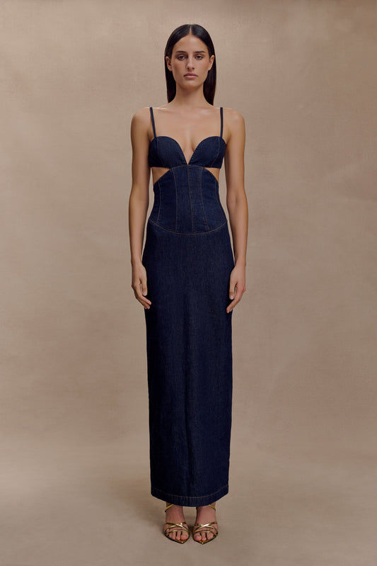 Amila Robe Maxi en Jean à Manches Bouffantes - Bleu Indigo