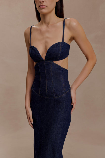 Amila Robe Maxi en Jean à Manches Bouffantes - Bleu Indigo