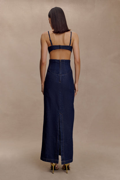 Amila Robe Maxi en Jean à Manches Bouffantes - Bleu Indigo