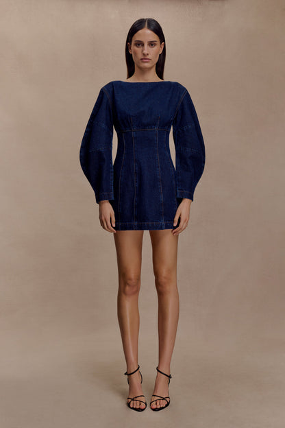 Cosmala Robe Mini en Jean à Manches Longues - Bleu Indigo
