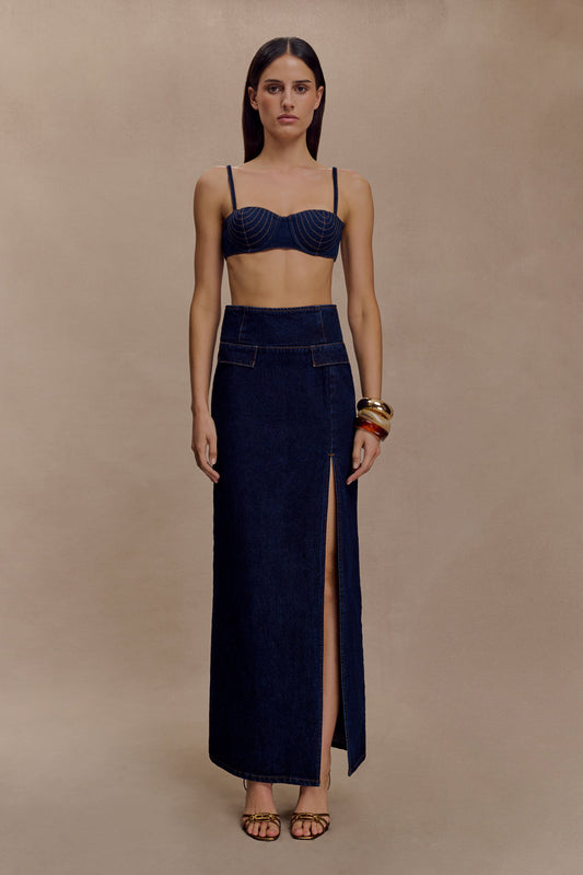 Jupe Maxi en Jean Maylena à Taille Haute - Bleu Indigo