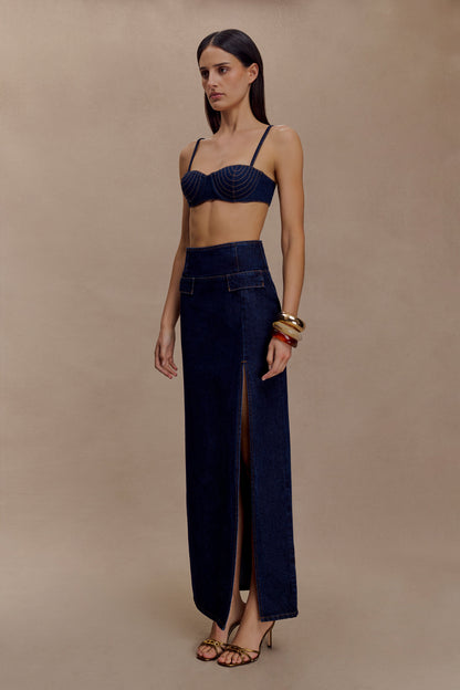 Jupe Maxi en Jean Maylena à Taille Haute - Bleu Indigo