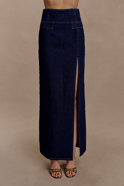 Jupe Maxi en Jean Maylena à Taille Haute - Bleu Indigo