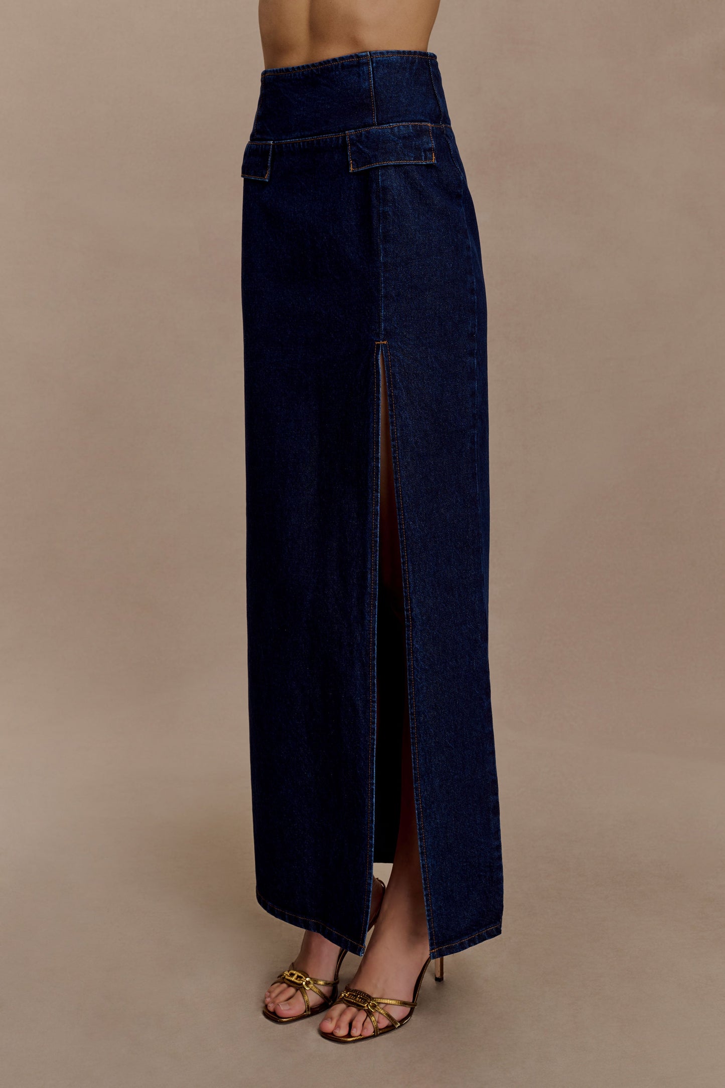 Jupe Maxi en Jean Maylena à Taille Haute - Bleu Indigo