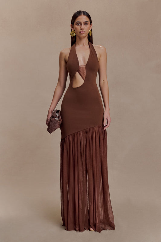 Robe Maxi en Crêpe et Maille Aubree - Chocolat/Moka