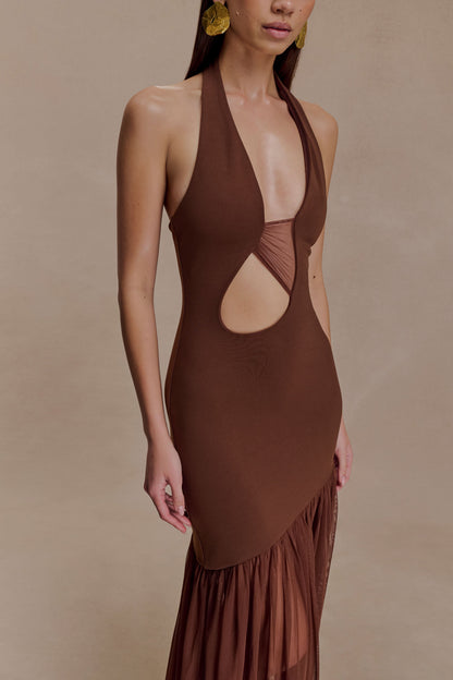 Robe Maxi en Crêpe et Maille Aubree - Chocolat/Moka