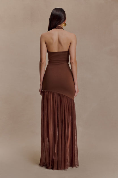 Robe Maxi en Crêpe et Maille Aubree - Chocolat/Moka