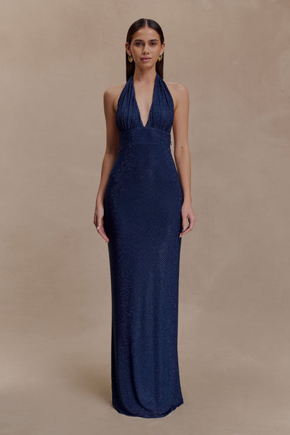 Robe Maxi Harriet à Manches Frangées et Diamants - Bleu Marine