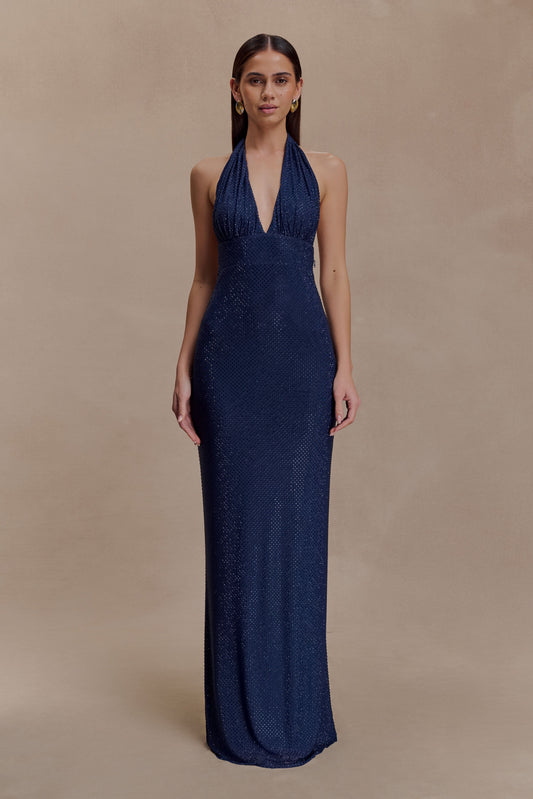 Robe Maxi Harriet à Manches Frangées et Diamants - Bleu Marine