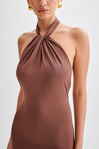 Robe Maxi Halter Élyna à Volants - Chocolat