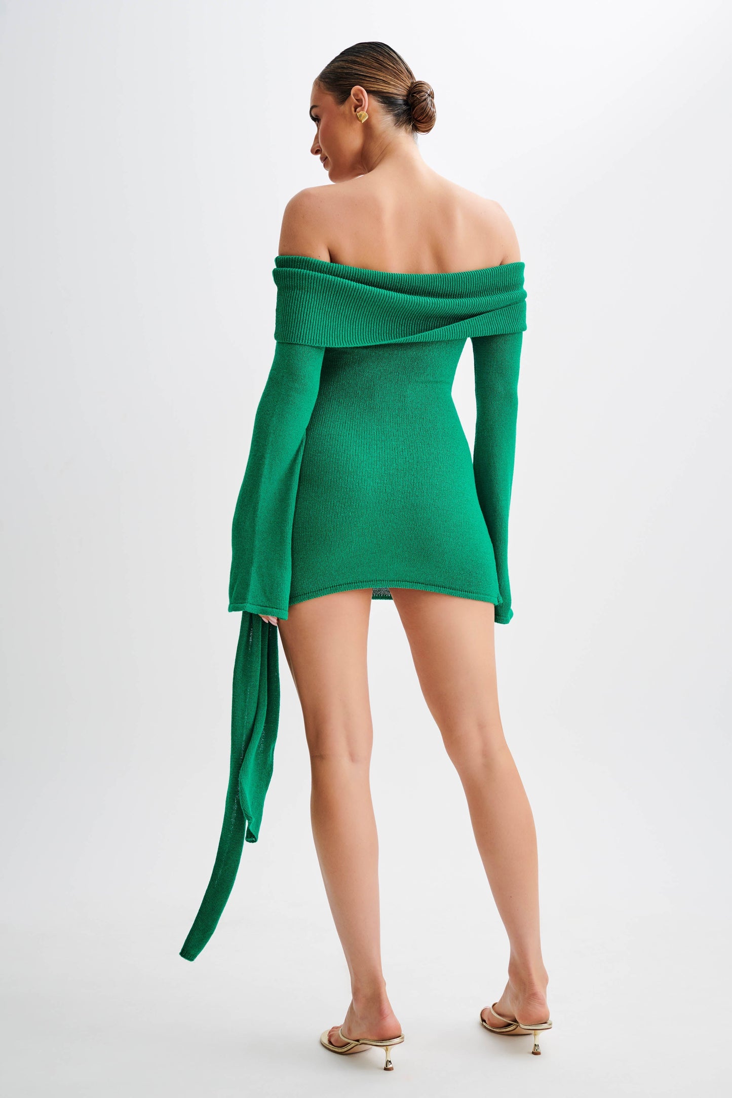 Mini-robe en jersey côtelé à épaules dénudées avec lacet - Vert