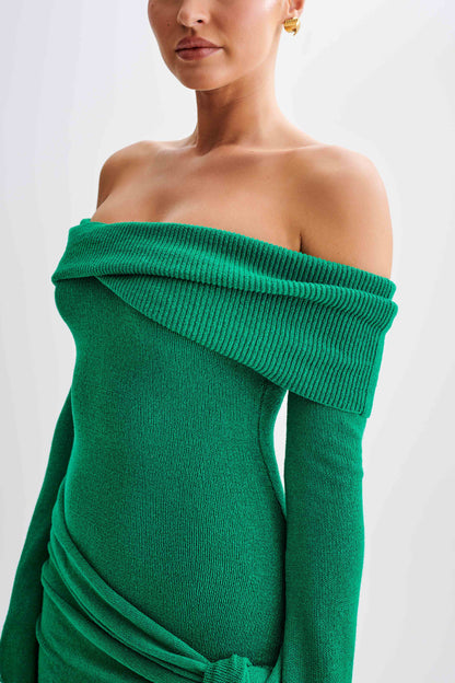 Mini-robe en jersey côtelé à épaules dénudées avec lacet - Vert